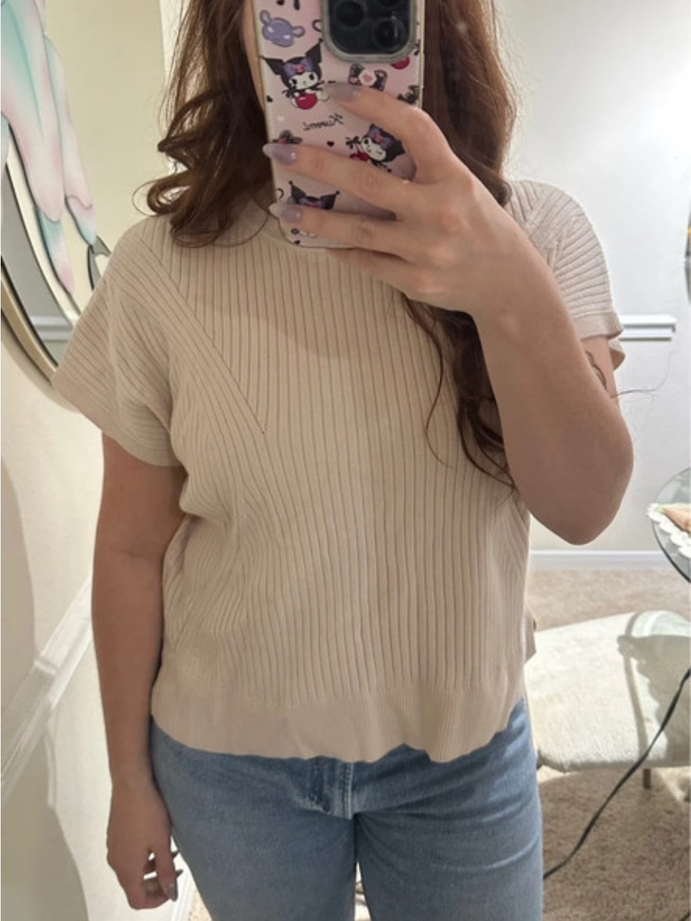 Tahari Ribbed Short Sleeve Knit Top - Light Taupe